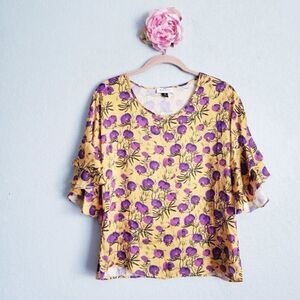 Delfi Yellow Floral Ruffle Sleeve Blouse‎